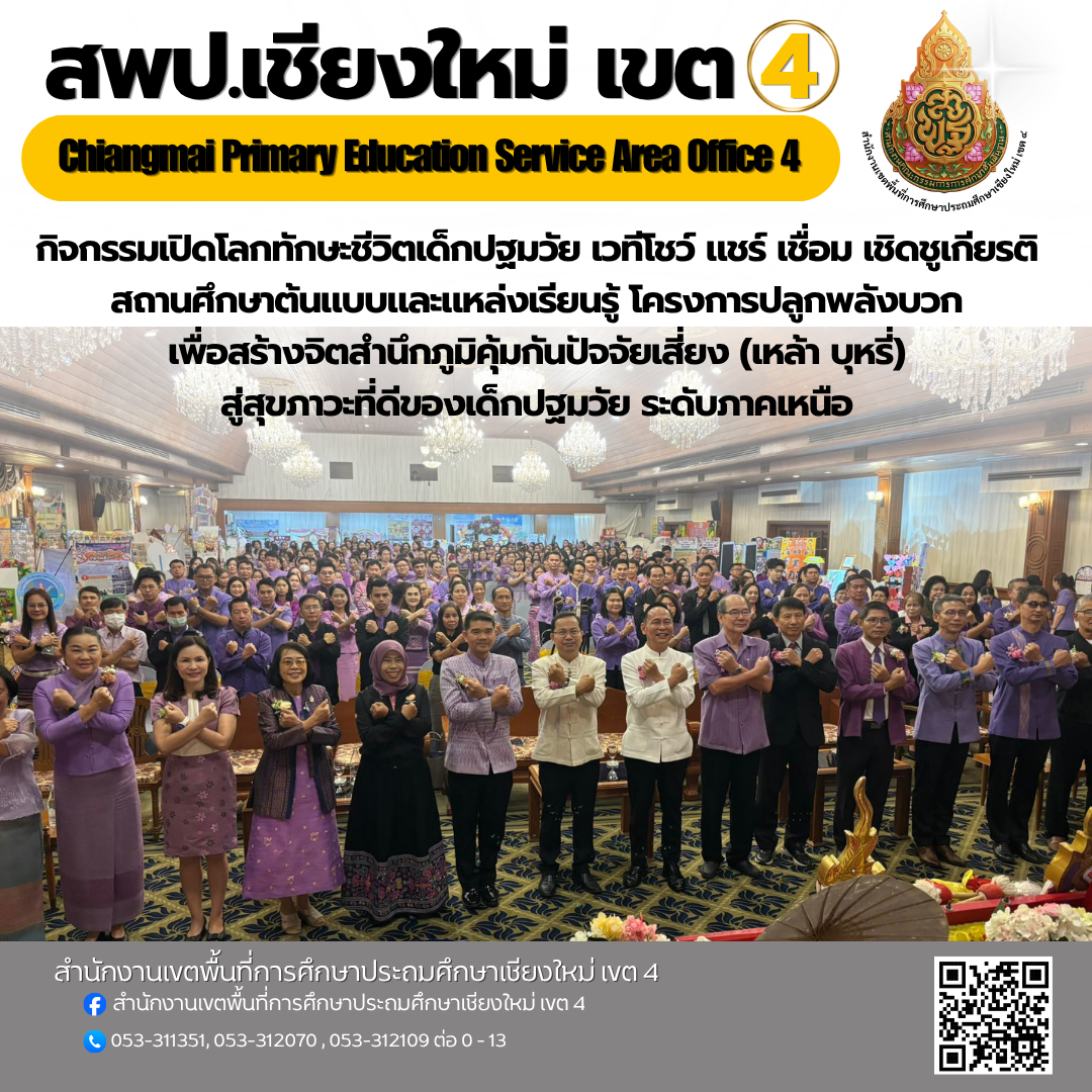 สพป.เชียงใหม่ เขต 4 เข้าร่วมกิจกรรมเปิดโลกทักษะชีวิตเด็กปฐมวัย เวทีโชว์ แชร์ เชื่อม เชิดชูเกียรติ สถานศึกษาต้นแบบและแหล่งเรียนรู้ โครงการปลูกพลังบวกเพื่อสร้างจิตสำนึกภูมิคุ้มกันปัจจัยเสี่ยง (เหล้า บุหรี่) สู่สุขภาวะที่ดีของเด็กปฐมวัย ระดับภาคเหนือ
