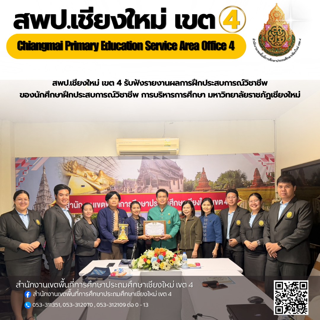 การสรุปผลการฝึกประสบการณ์วิชาชีพการบริหารการศึกษาในสำนักงานเขตพื้นที่การศึกษาประถมศึกษาเชียงใหม่ เขต 4 ของนักศึกษาปริญญาโท การบริหารการศึกษา มหาวิทยาลัยราชภัฏเชียงใหม่